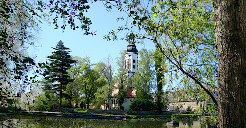 Das Bild zeigt den Küchenteich mit der Otterwischer Kirche im Hintergrund